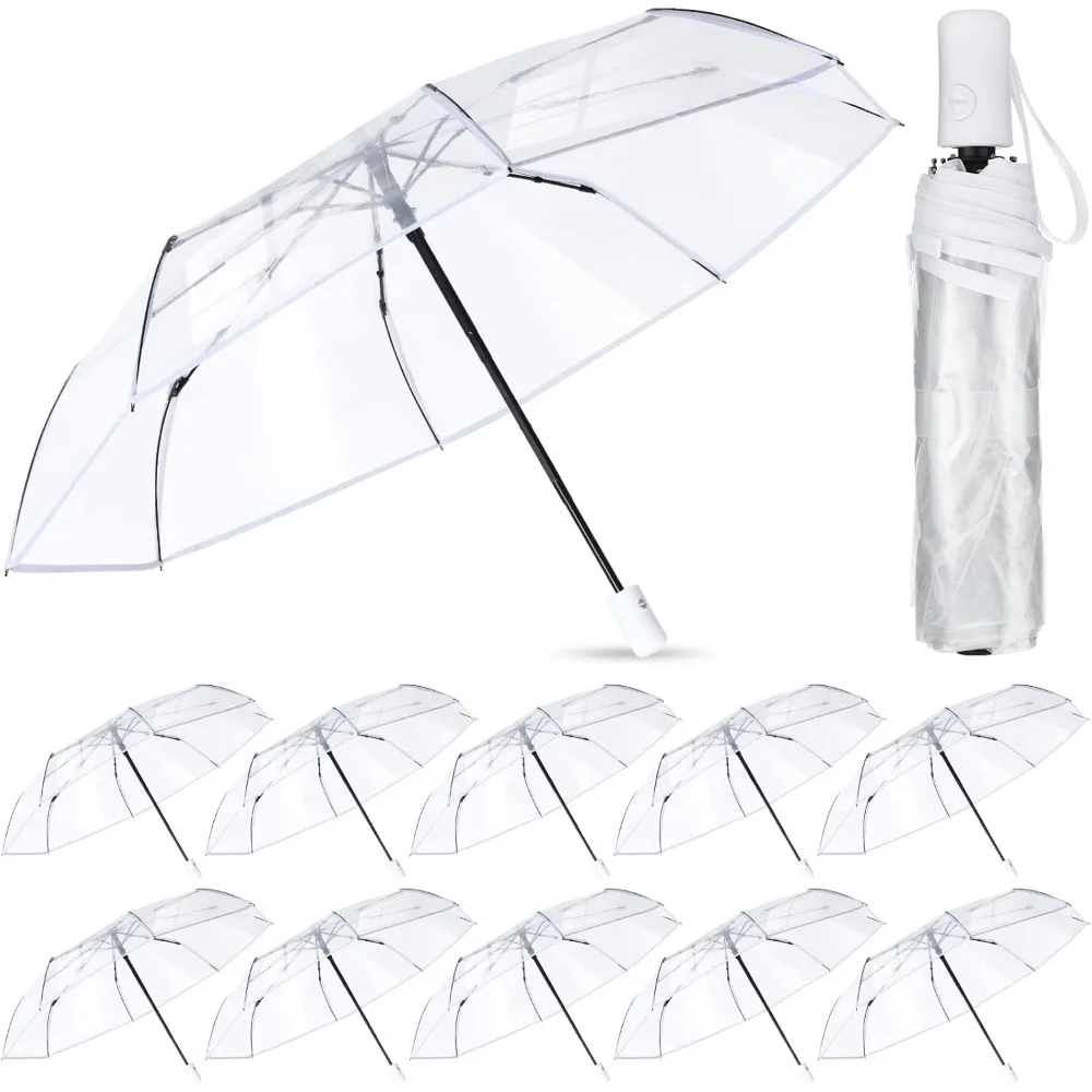 

12 Pack Transparent Folding Umbrella Full Automatic Clear Foldable Umbrella 8 Ribs Tri-Fold Auto Open Close Umbrellas for Rain