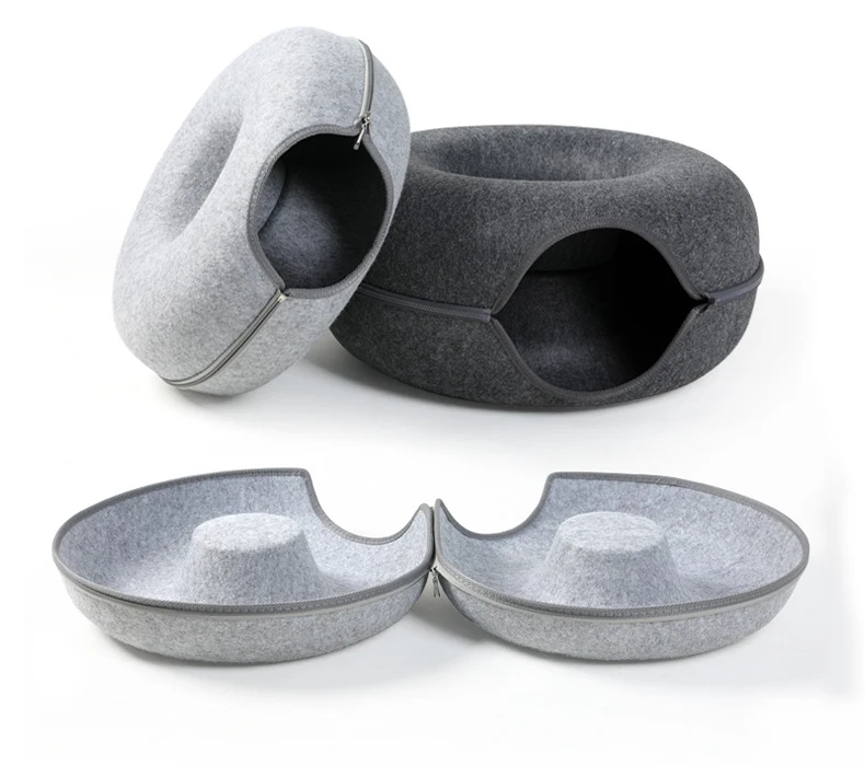 Donut Katze Tunnel Bett Haustiere Haus natürlichen Filz Haustier Katze Höhle interaktives Spielzeug Runde Wolle Filz Haustier Bett Katze Training Spielzeug Katzen haus – Detail 2