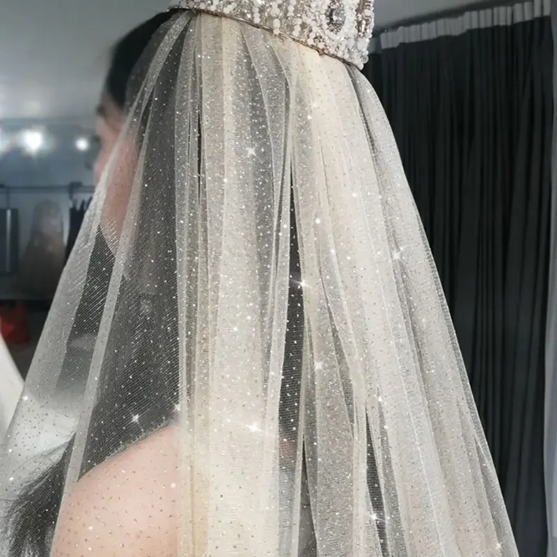 Women Mesh Ultra-Long Trailing Cathedral Wedding Veil Romantic Luxury Shimmer Starry Sky Sequins Hot Stamping Bridal Accessories