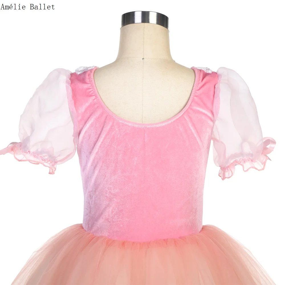 22516 Pink Puff Sleeve Velvet Bodice Ballet Tutu Romatic Ballet Tutu for Girls & Women Stage Performance Dance Dress