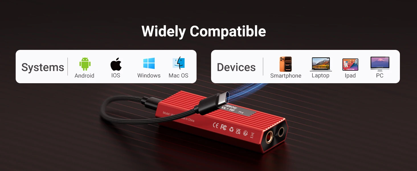 USB-C-DAC-Kopfhörerverstärker, DSD512, HiFi-Mini-Audioadapter, unterstützt 4,4-mm- und 3,5-mm-Dualausgänge, PCM 384 kHz/32 Bit, für Kopfhörer. – Detail 6