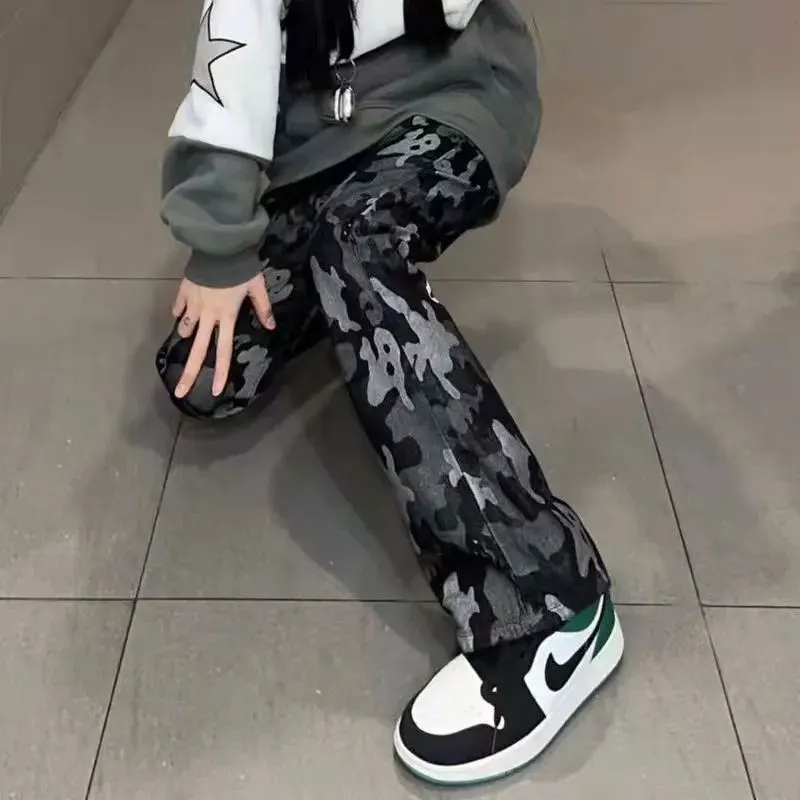 Camouflage Print Wide-Leg Casual Pants Spring Autumn Loose Denim Female Clothing American Button Hip-hop Retro Bootcut Trousers