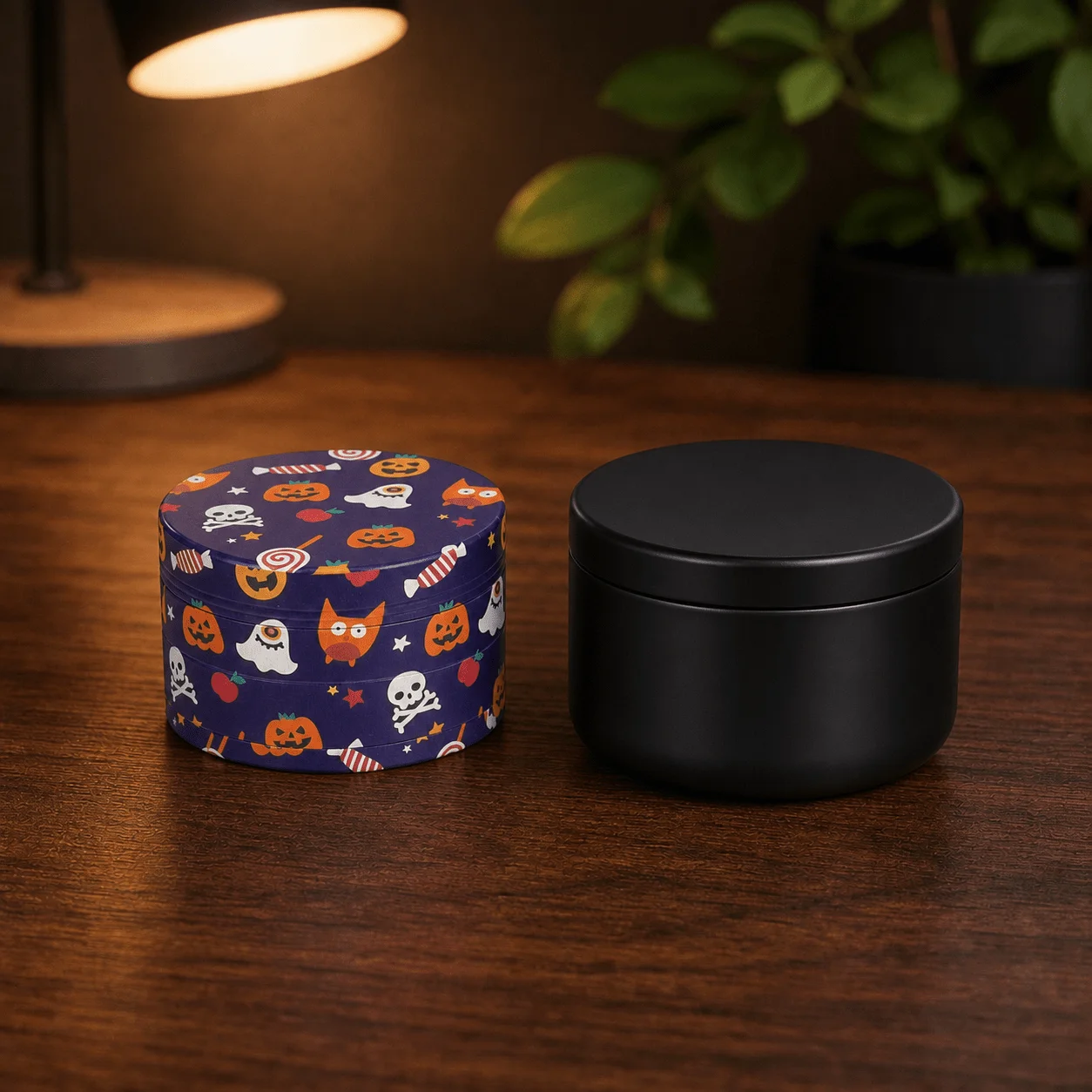 50mm Deep Purple Halloween Collage Zinc Alloy Herb Grinder Four Layer Hand Operated Tobacco Mill with a Black Storage Jar Set