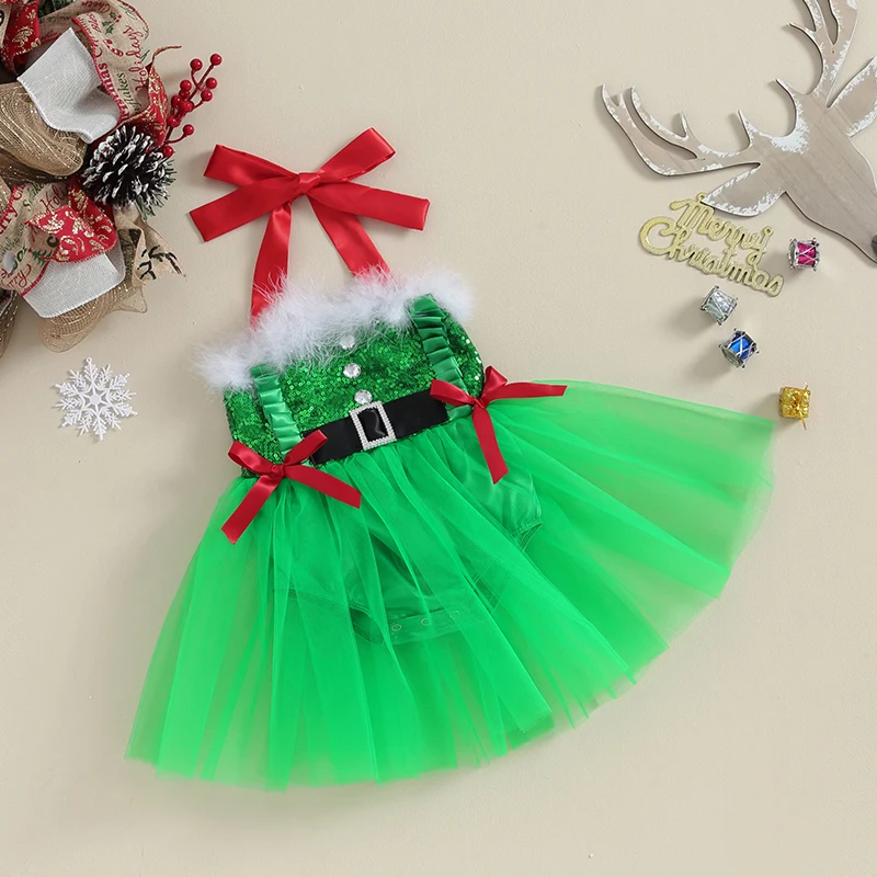 Baby Girls Christmas Romper Dress Bow Halter Neck Tulle Bodysuit Newborn Sleeveless Sequin Jumpsuit Party Dress