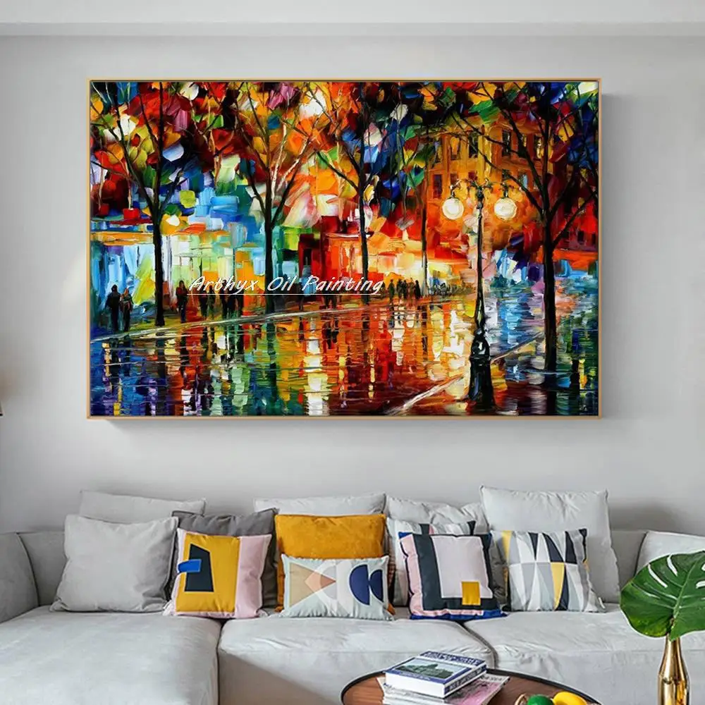 Hand-painted Knife Night Street View Oil Paintings on Canvas,Modern Wall Art Abstract Picture for Living Bedroom,Home Decoration