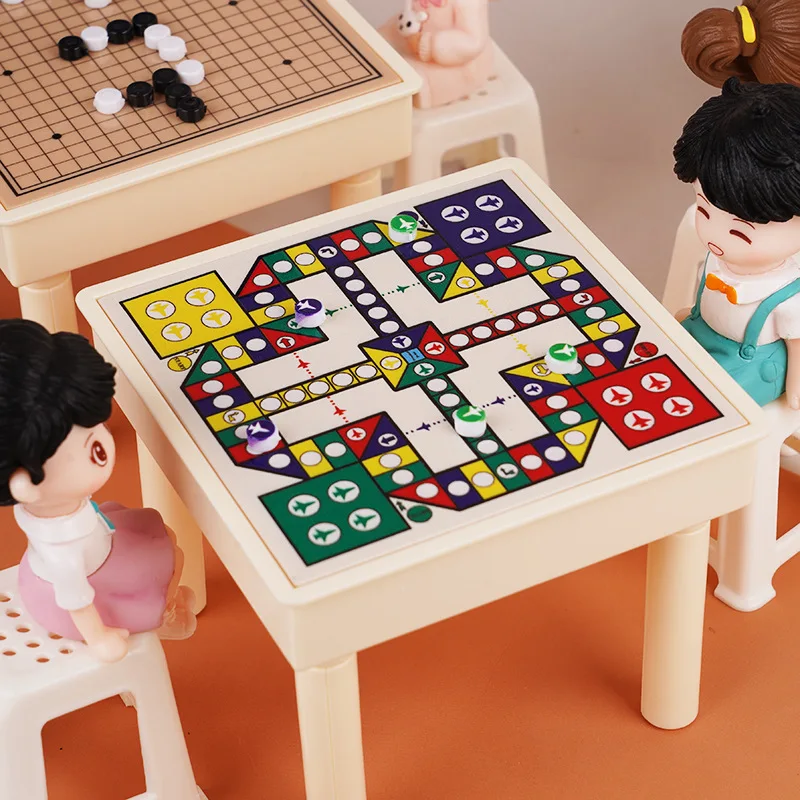 ミニチュアチェスセット ミニテーブル 椅子付き フライングチェス ルード ボードゲーム ゴーゲームモデル ドールハウスアクセサリー 装飾