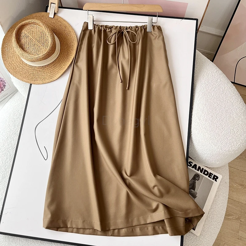 Donegirl Spring Summer 2024 New Women A-line Long Skirt Elastic High Waist Simple Casual Solid Versatile Midi Skirt Female Chic