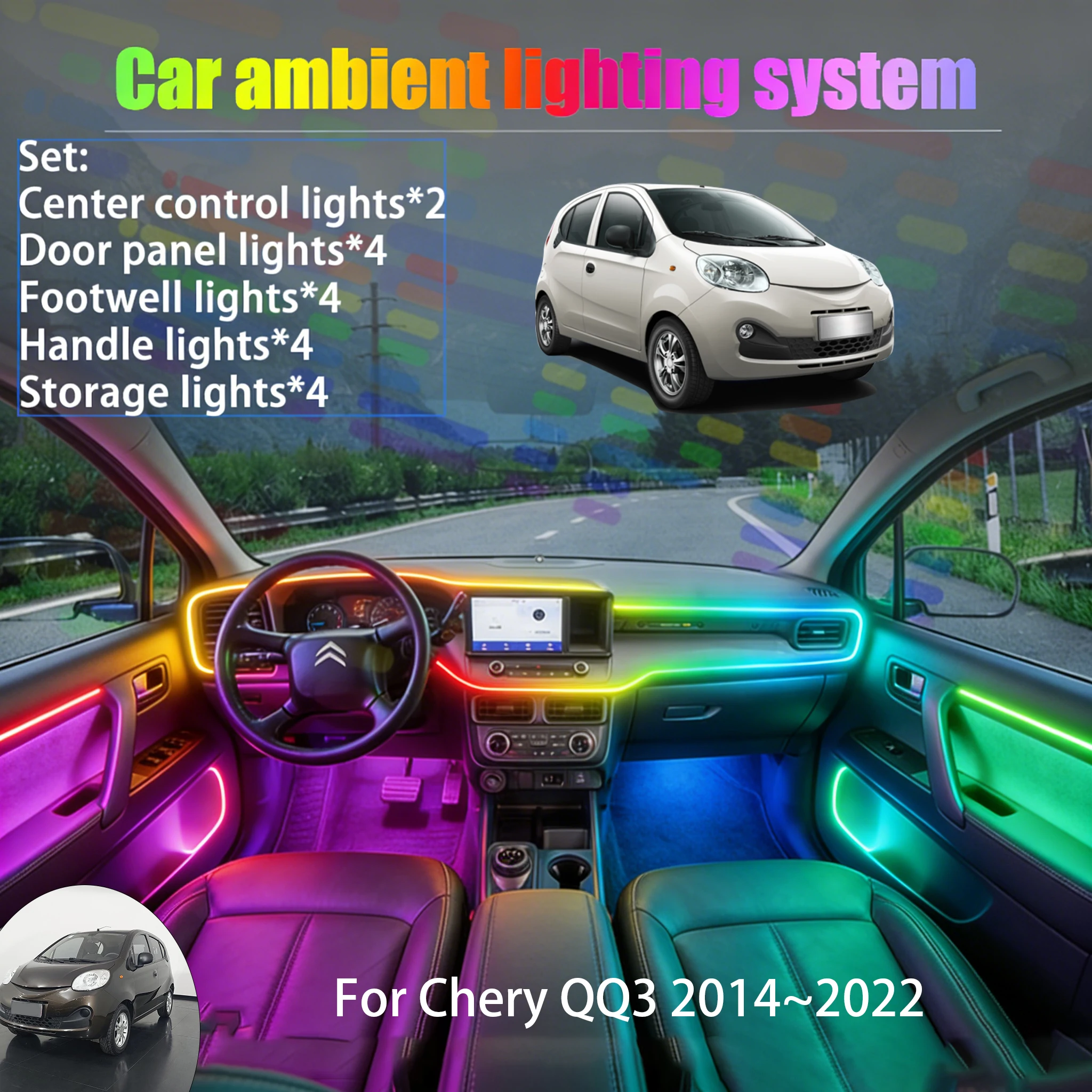 

For Chery QQ3 2014~2022 MK2 2/18 in 1 Car ambient lighting Led trunk interior led lights USB RGB Ensemble Streamer Auto Parts