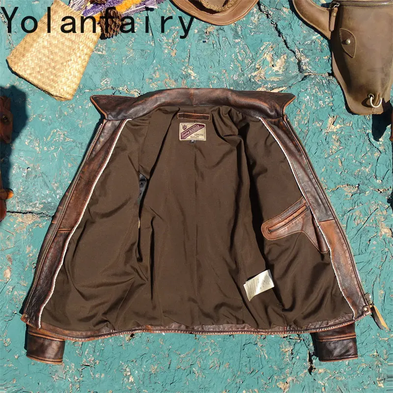 YOLANFAIRY Fashion Genuine Leather Jacket Men High Quality 100% Top Layer Cowhide Real Leather Coat Man Clothing Vintage 2026