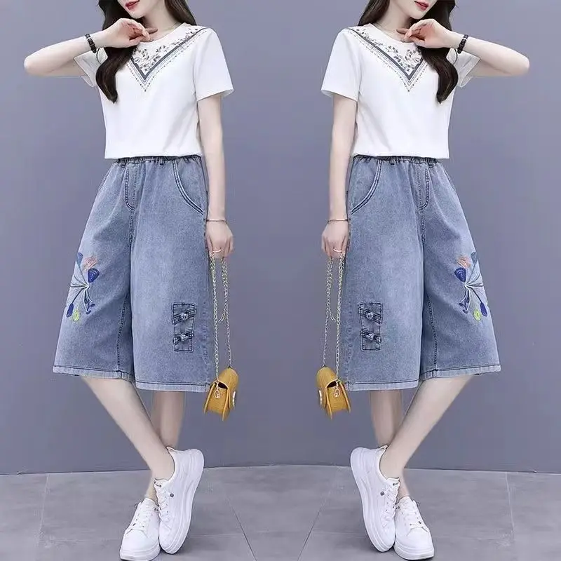 Retro Embroidered Denim Five-point Pants Women's New Large-size High-waisted Thin Loose Denim Wide-leg Pants Ladies Jeans Shorts