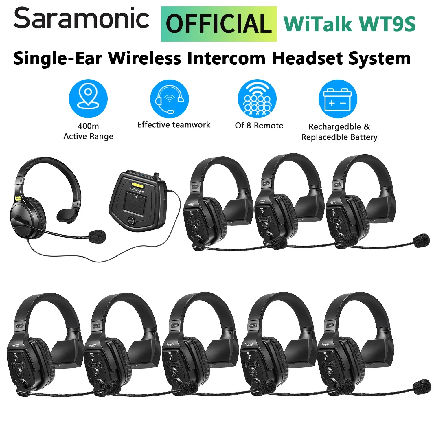 Saramonic Witalk WT9S Full Duplex Wireless Intercom Headset Microphone System Marine Boat Coaches Teamwork Communication Headset