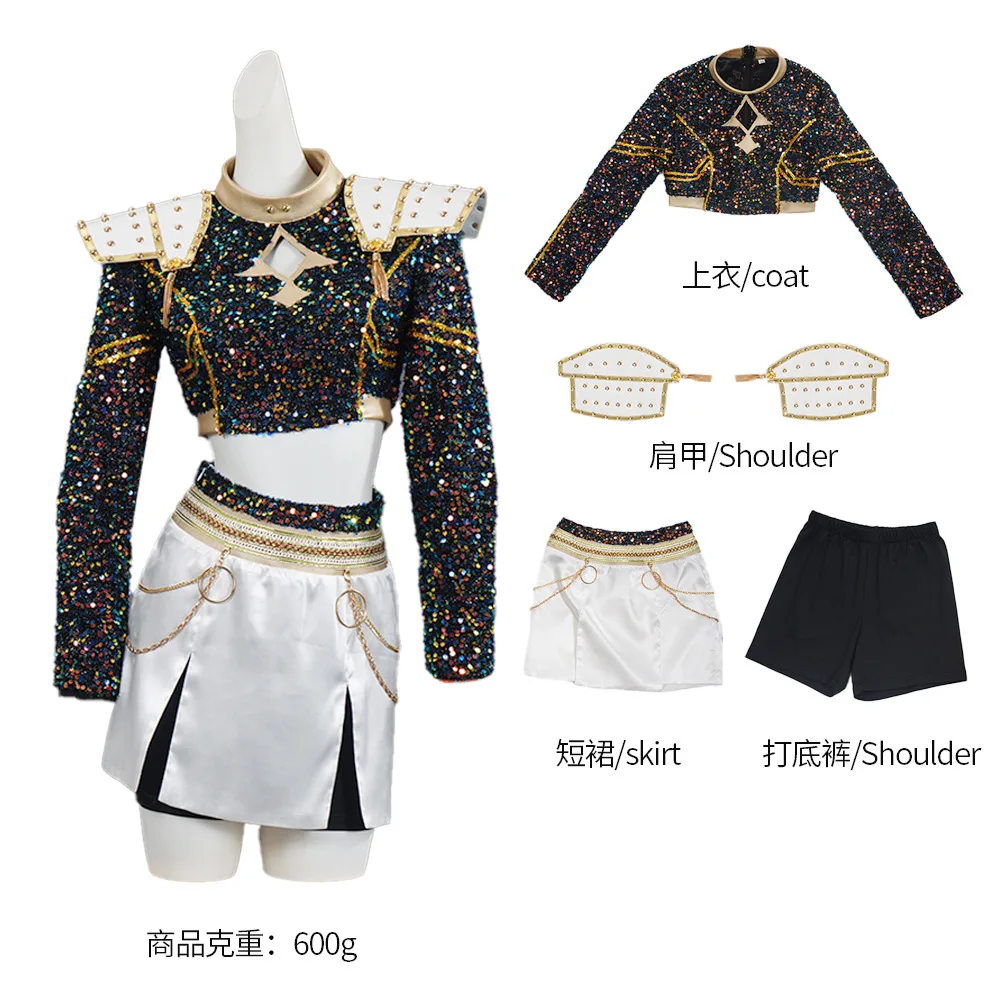 KPop Demon Hunters Kids Rumi Zoey Mira Cosplay glitter Costume White Uniform Set Huntrix Outfit For Girls  Halloween Role Play