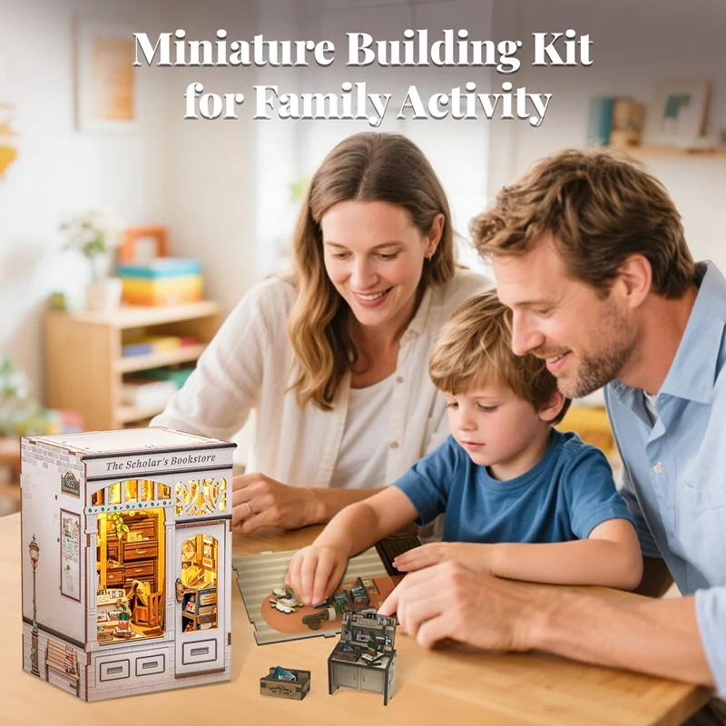 مجموعة مكتبة Cutebee المصغرة - بيت الدمى الخشبي ثلاثي الأبعاد مع أثاث مفصل وإضاءة دافئة، مشروع مريح يمكنك صنعه بنفسك للمراهقين