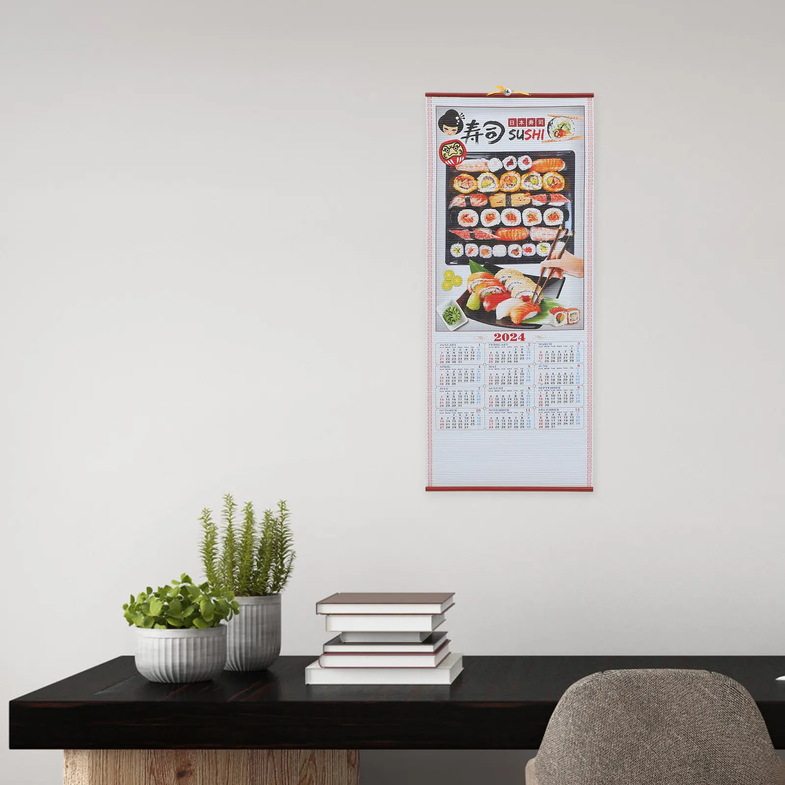 Chinese Style Hanging Wall Calendar 2024 Rattan Scroll Lunar Year Monthly Planner with Clear Print