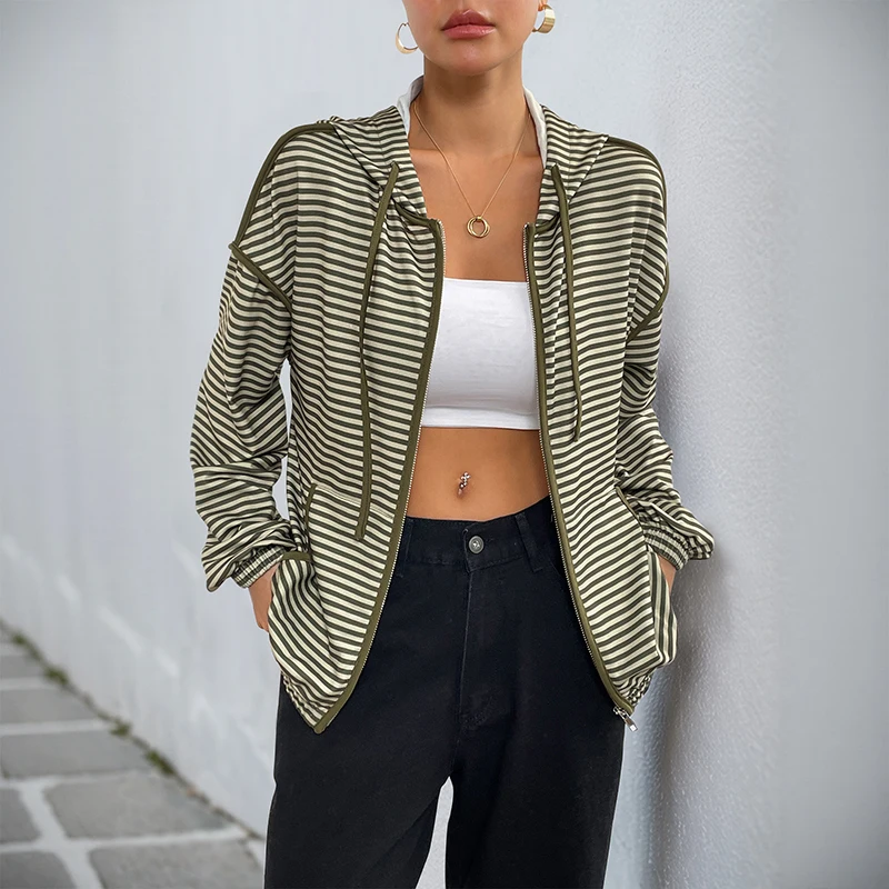 

Women's Green White Striped Hooded Zip-Up Jacket with Drawstring Cuffs Autumn Casual Fashion Loose Fit