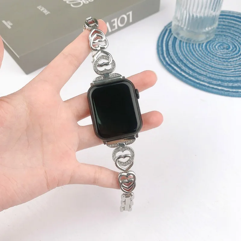 Pulseira Coração de Diamante para Apple Watch, iWatch Series SE, 7, 6, 3, 5, Ultra 2, 8, 9, 40mm, 41mm, 45mm, 44 milímetros, 38 milímetros, 49 milímetros, 42 milímetros