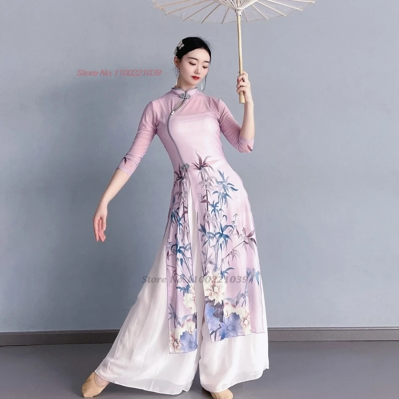 

2025 chinese traditional qipao dress folk dance costume stage performance dress flower embroidery mesh qipao dress+pants set