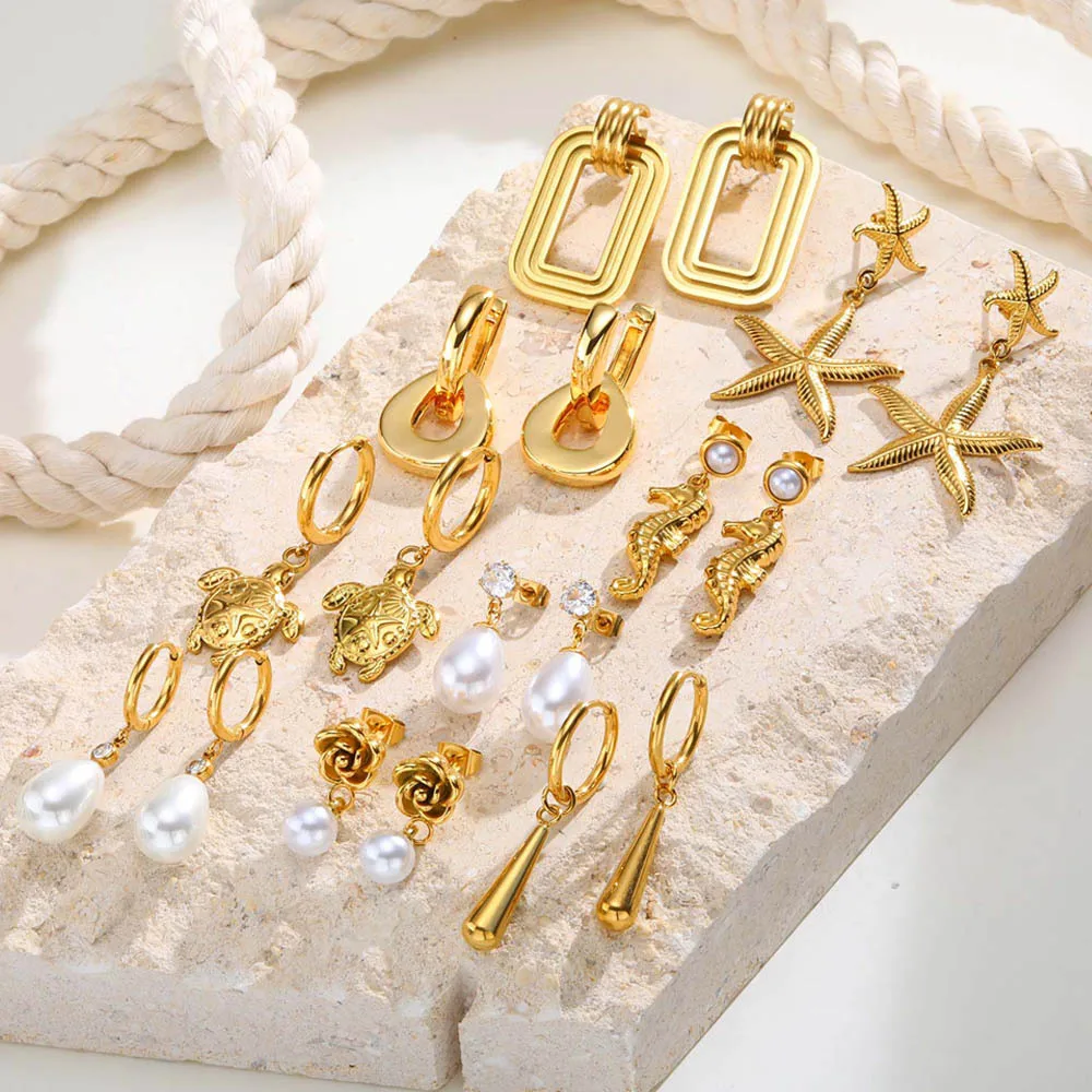 

Gold Color Drop Dangle Earrings for Women, Statement Starfish Pearl Ocean Chunky Earrings, Stainless Steel Jewelry Wholesale