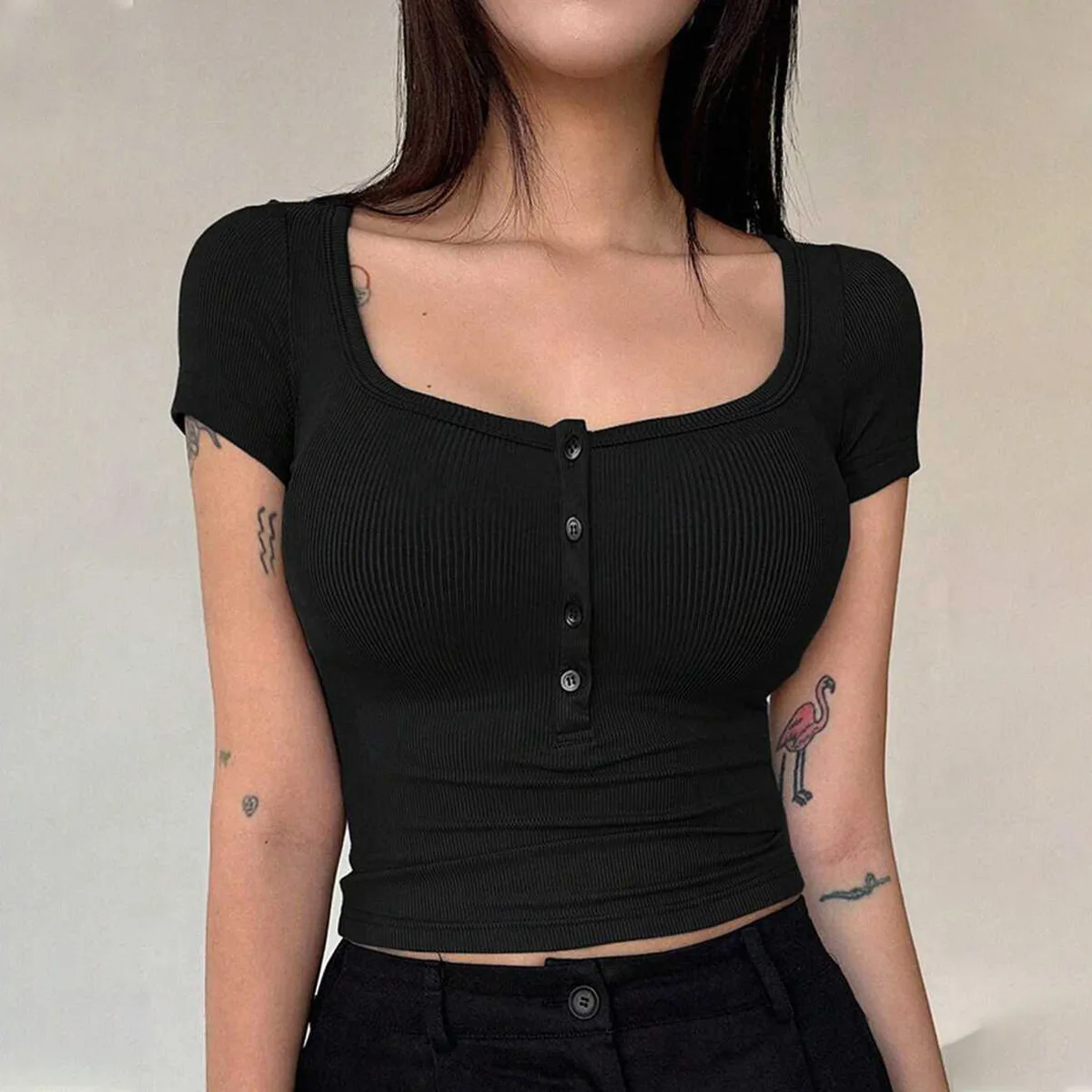 Summer Square Neck Button T Shirt Women Short Sleeve Slim Crop Top Y2K Sexy Low Cut Tees Female Casual Streetwear Crop T-shirts