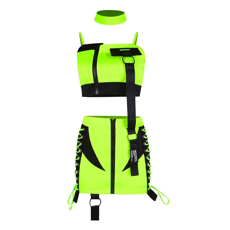 Fluorescencyjne zielone ubrania hip-hopowe dla dorosłych kobiet, kostium do tańca Kpop Jazz, strój dla tancerki Gogo, odzież na występy, strój na imprezę rave DL10964 — zdjęcie 6