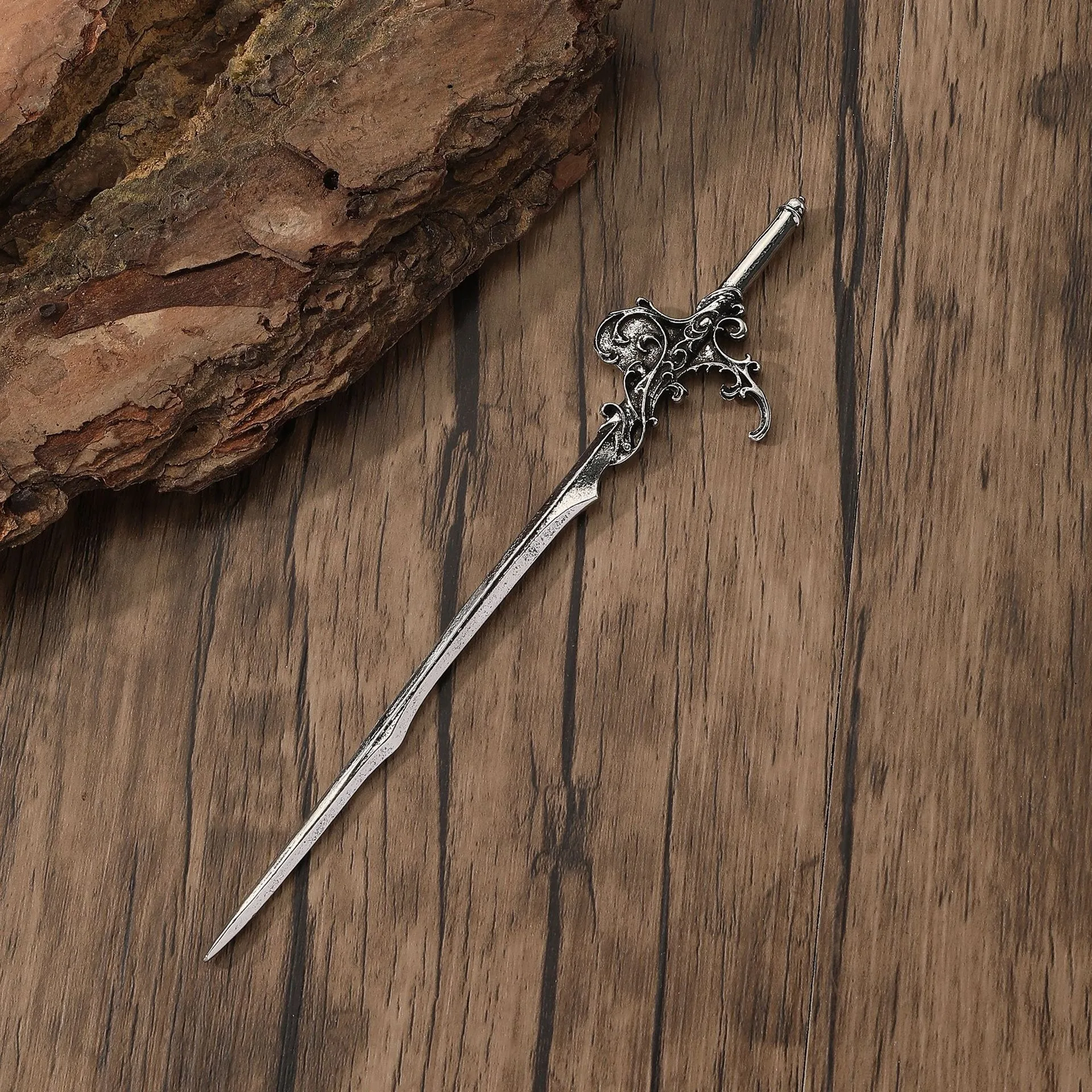1pc Vintage Carved Sword Shaped Hairpin Made Old Metal Complex Rolled Grass Pattern Sword Handle Design Dark Style Hair Styling image 3