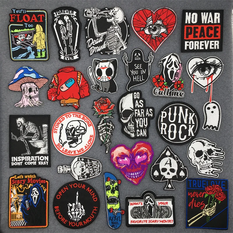 Horror Movie Punk Embroidered Patches for Clothing Iron on Patches Stripes Diy Appliques Scary Patches on Clothes Stickers