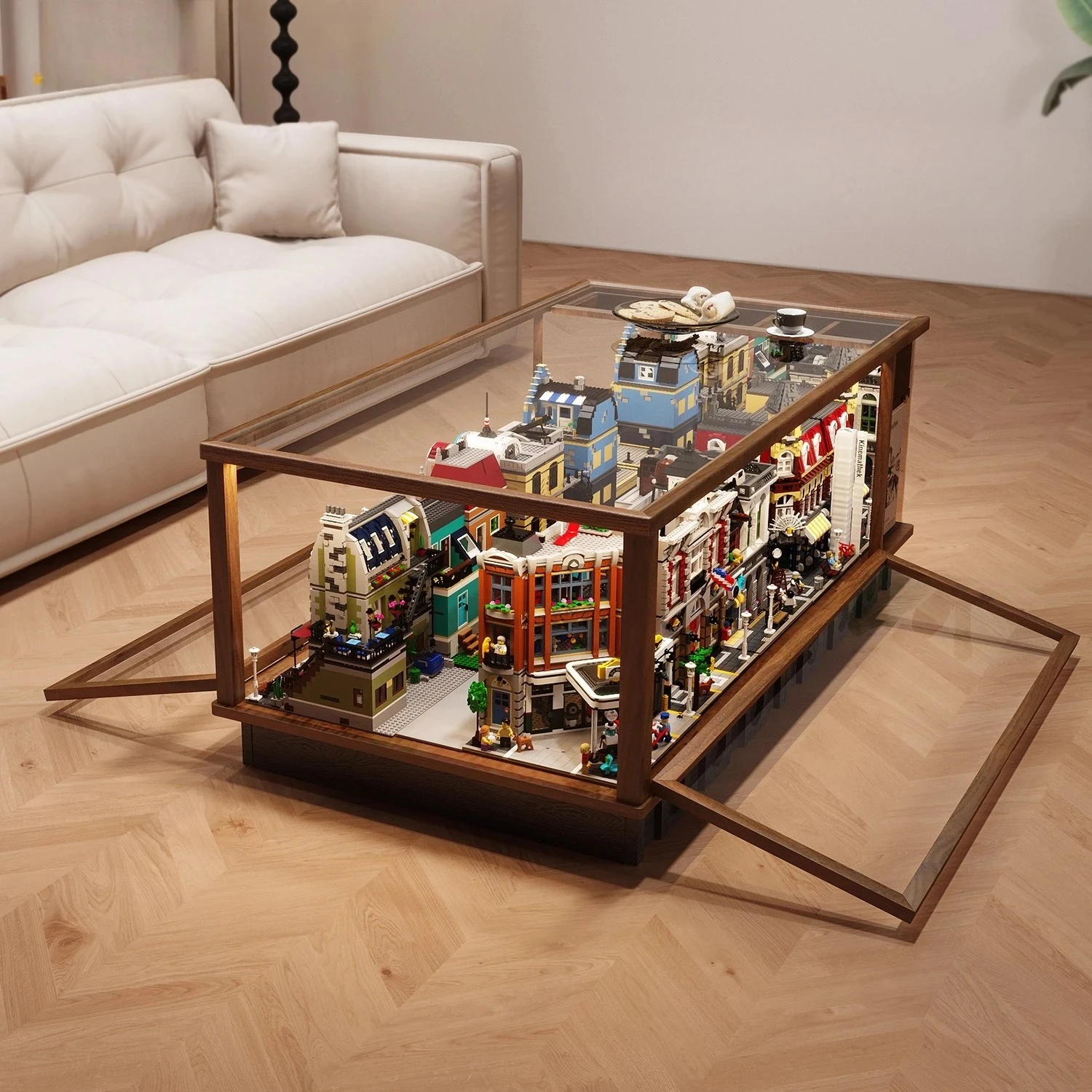 HGliving room small apartment  street view series building block lighting solid wood coffee table glass display cabinet
