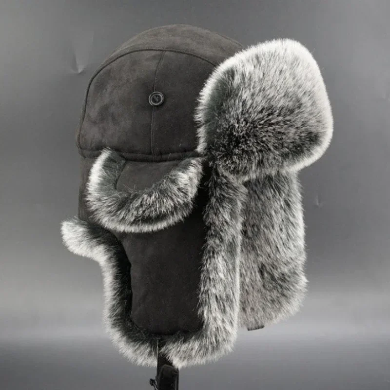 Winter Russian Man & Woman Wholeskin Natural Rex Rabbit Fur Hats Luxury Real Sheep Skin Leather Cap Unisex Real Fur Bomber Hat