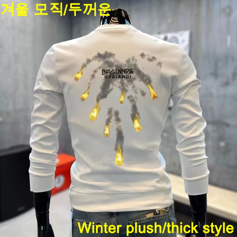 Winter Warm Men\'s Sweater Korean Harajuku High Street Cotton Sweatshirt Plush Thick Oversized O Neck Print Top Men\'s Clothes New