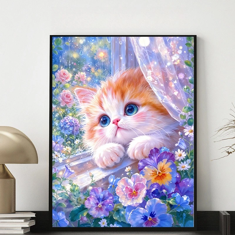 Diamond Painting, Cute Fluffy Ginger Kitten by Window with Colorful Blooms, Mosaic Handicraft, Ideal Gift for Holiday Decoration