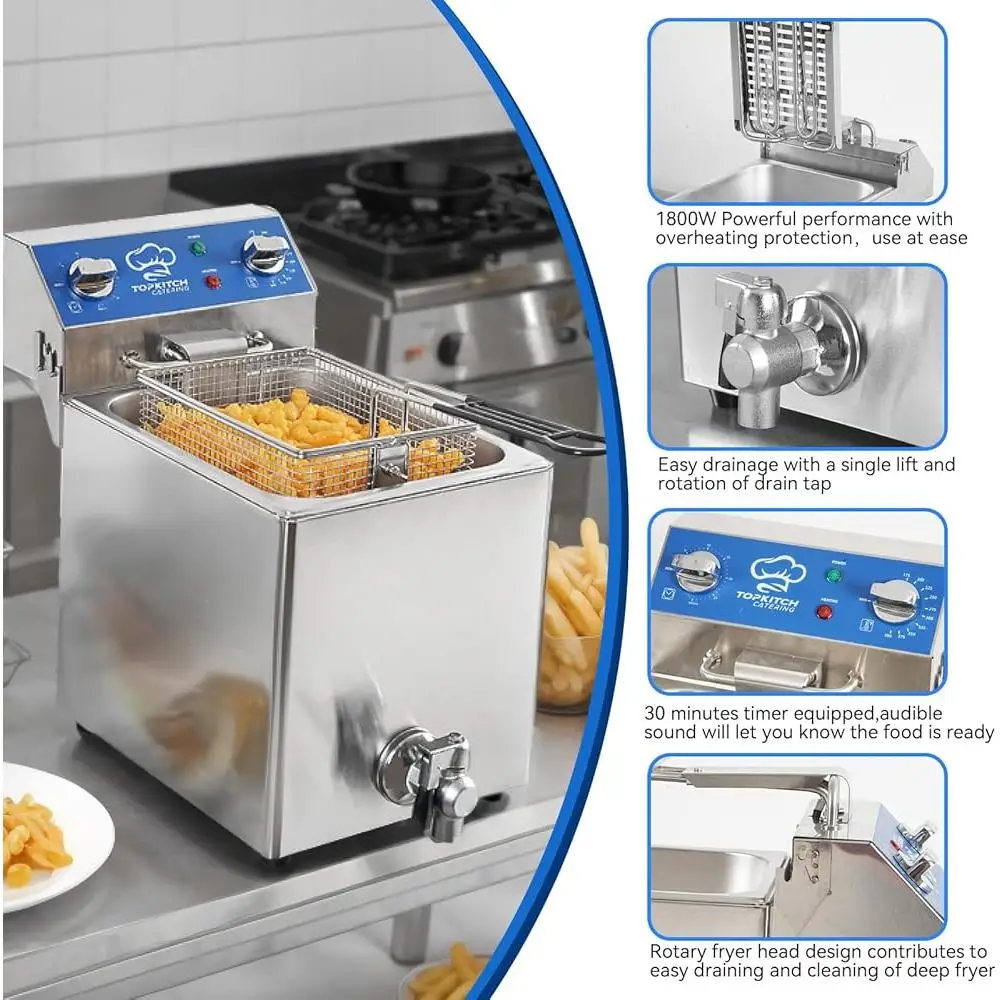 8.5Qt Electric Fryer with Oil Drain Timer Solid Wire Mesh Basket Precise Temperature Control Easy Clean High Power Heating