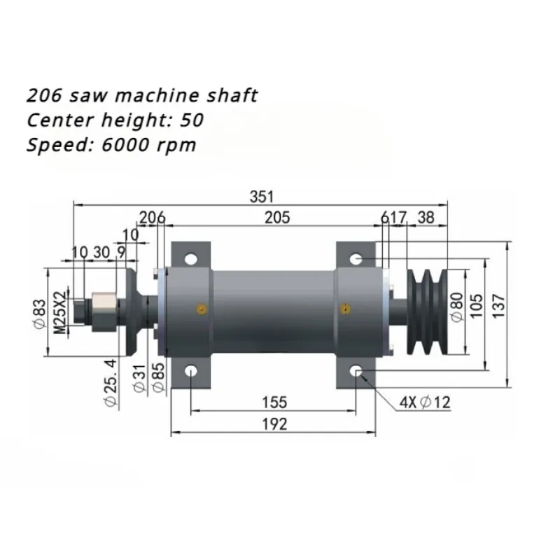 Spindel voor houtbewerkingsmachines, 206 zaagmachinelas, duwtafelzaag, cirkelzaagspindel, verlengde lagerzitting