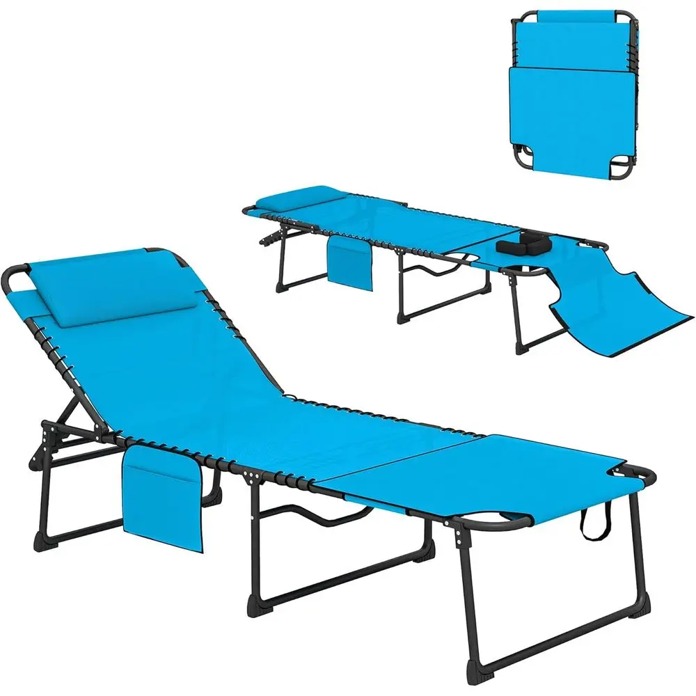 

Blue Reclining Outdoor Chaise Lounge with Side Table and Drink Holder for Beach, Yard, or Patio