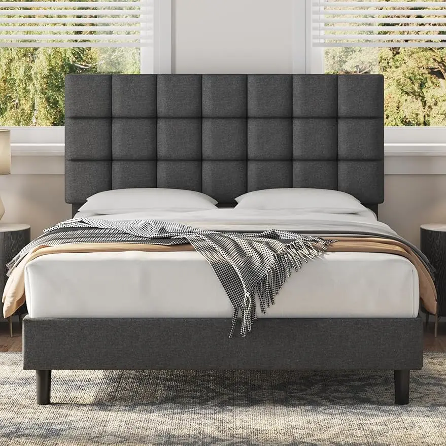 

Upholstered Bed Frame, Platform Bed Frame with Square Tufted Fabric Headboard Height Adjustable, Wooden Slats Support