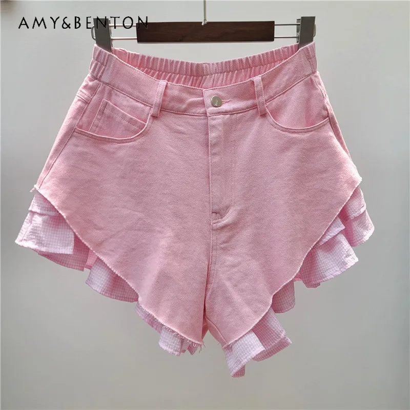 

Simple Style Fashionable High Waist Loose Short Pants American Ins High Street Fake Two-piece Pink Design Denim Shorts For Women