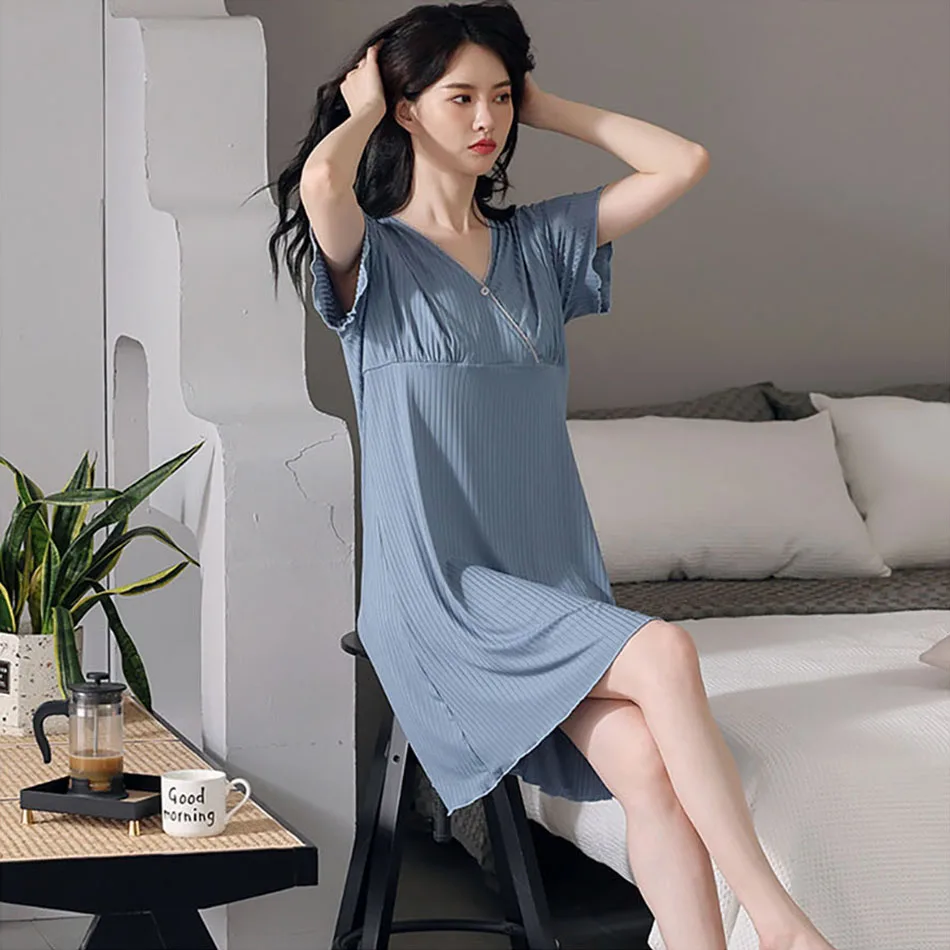 

Elegant Women Solid Color Short Sleeves Sleepdress with Detachable Cups Suitable Plus Size and Pregnant Soft and Cool for Summer