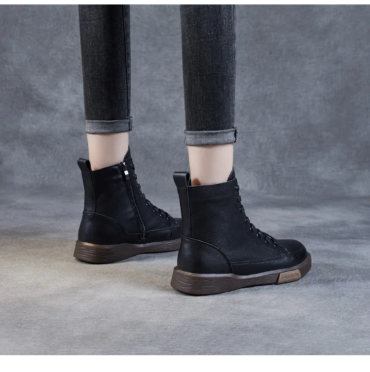 DRKANOL Frauen Echtes Leder Kurze Stiefel Runde Kappe Aus Echtem Leder Handgemachte Retro Street Style Winter Warme Wohnungen Stiefeletten – Detail 15