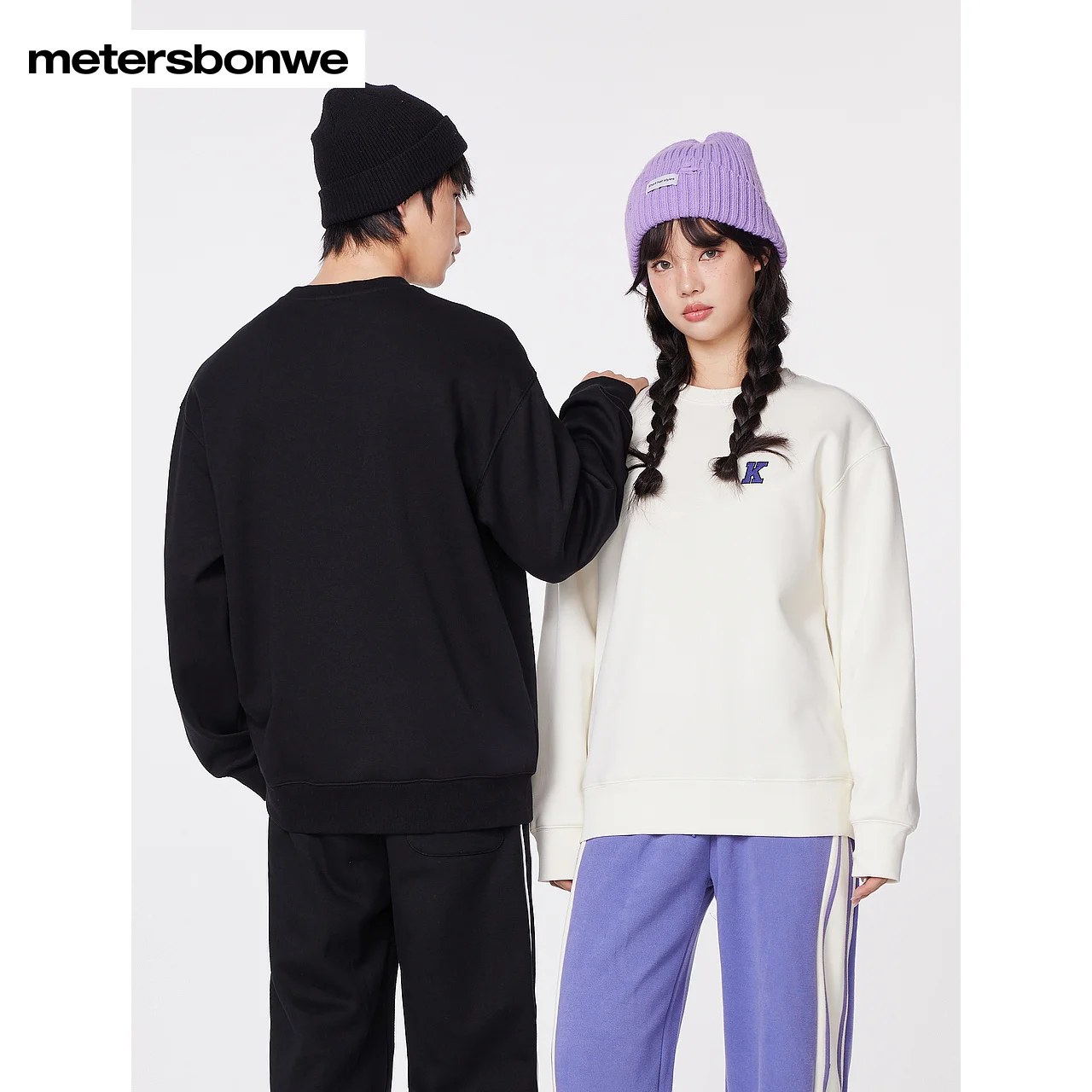 Metersbonwe-Men Women's Thick Fleece Crew-Neck Hoodie Black And White Solid Color Warm Wear Winter