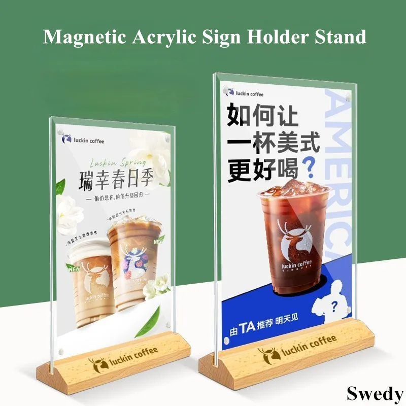 A6 100x150mm Magnetic Wooden Picture Paper Photo Frame Acrylic Menu Paper Card Note Advertising Board Sign Holder Display Stand