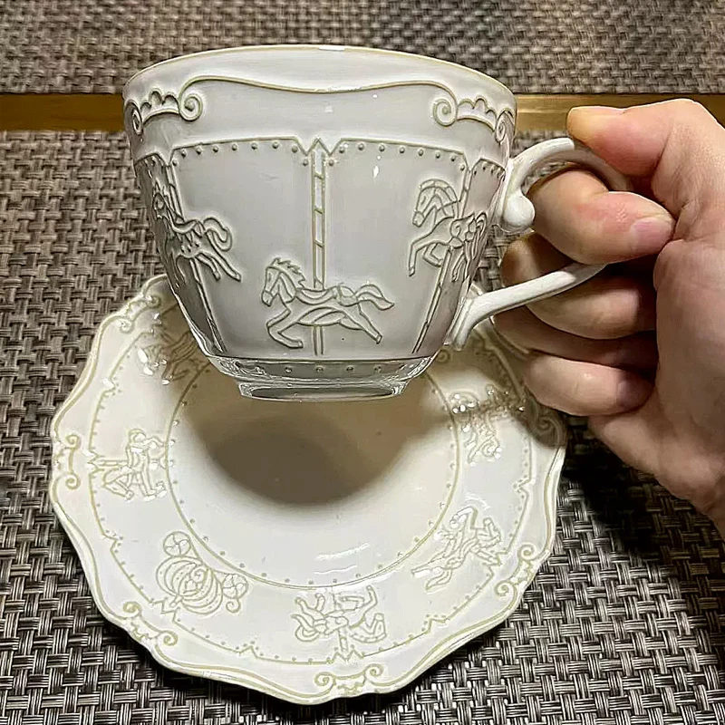 French Style Ceramic Relief Retro Kiln Transformation Carousel Pattern Coffee Cup, Saucers, Water Cups, Home Restaurant Supplies