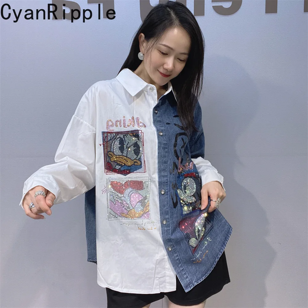 

Женские блузки с контрастными вставками из денима и отложным воротником, весенне-летние удлиненные свободные кардиганы, топы с мультяшными стразами