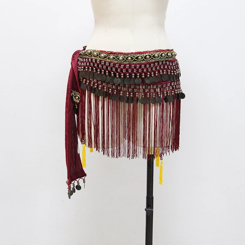 Pas do tańca brzucha z monetami, kostium tribal, frędzle, cekiny, łańcuszek na talię, akcesoria dla tancerki orientalnej/indyjskiej