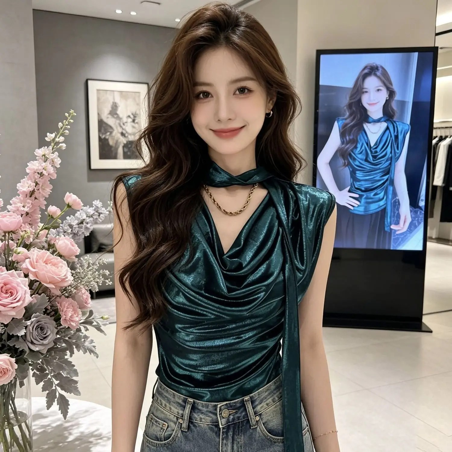 Elegant Minimalist Style Women's Sleeveless Shirt Vest Summer New Slim Fit Design Sense Unique Atmosphere Lead Design Top