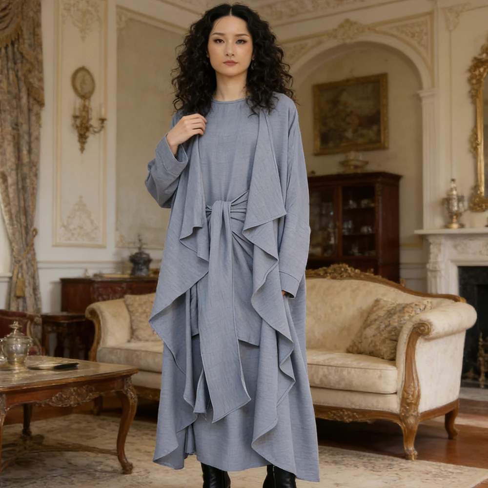 

Eid Muslim Sets for Women Long Cardigan and Inner Dress Femme Musulmane Ensembles Ramadan Dubai Abaya Kaftan Kimono Jalabiya New