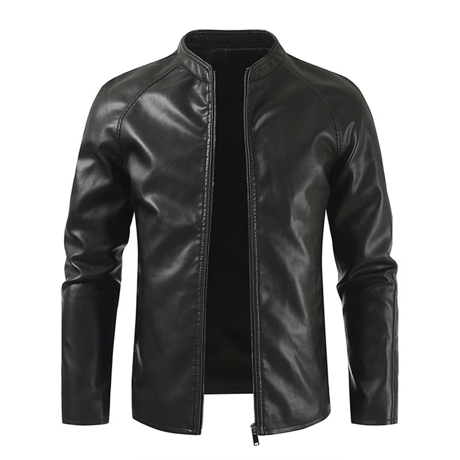 Casual Solid Color PU Jacket Men Motorcycle Biker PU Coat Spring Autumn Stand Collar Jackets Male Faux Leather Coats Black