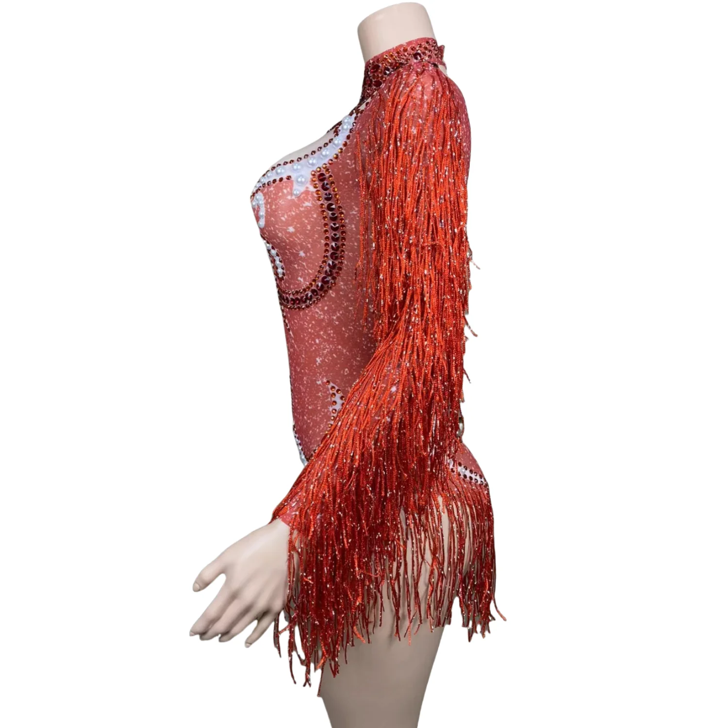 Fashion Sexy Fringe Rhinestone Bodysuit Women Team Dance Performance Tights Club Bar Stage Show Leotard Mesh Perspective Costume