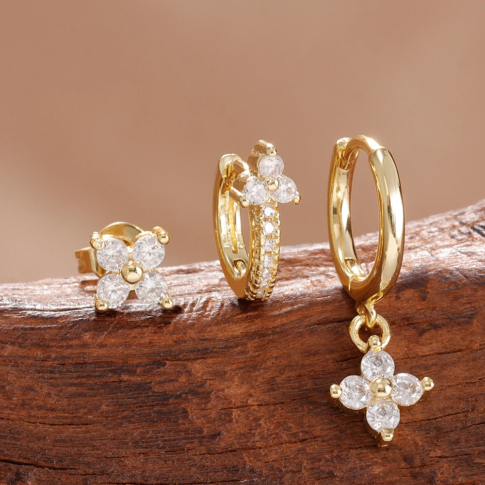 3PCS Fashion Stainless Steel Small Flower Dangle Earrings Set For Women 14 Gold Plated Huggie Cartilage Piercing Jewelry Aretes