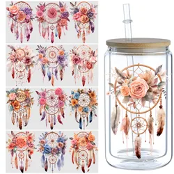 5 Sheets Dream Catcher UV DTF Cup Stickers 16 oz, DTF Friction Transfer Stickers, Waterproof Dream Catcher Stickers for DIY