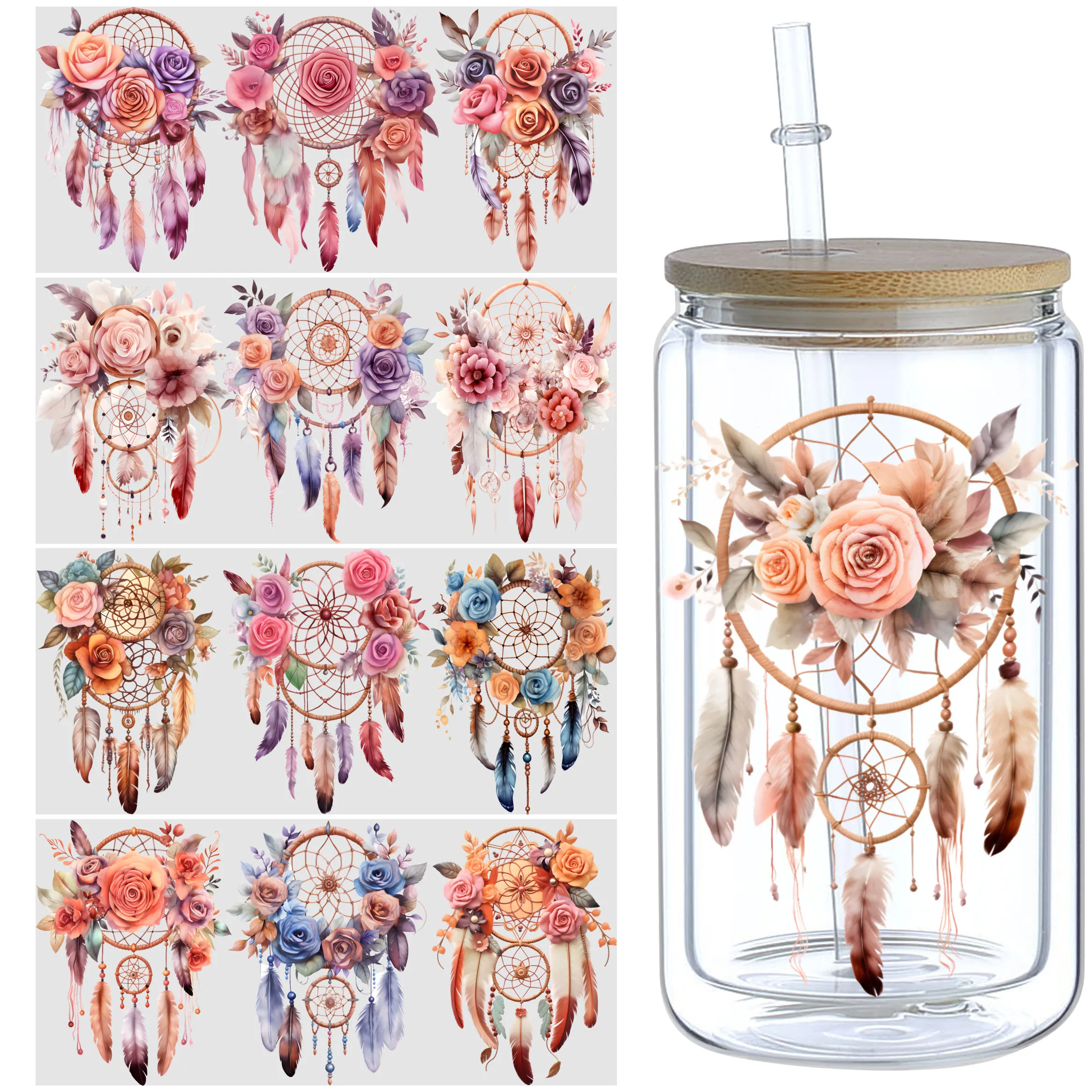 5 Sheets Dream Catcher UV DTF Cup Stickers 16 oz, DTF Friction Transfer Stickers, Waterproof Dream Catcher Stickers for DIY