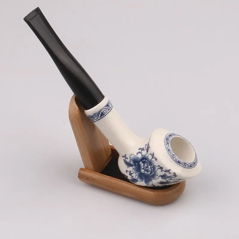 

Blue and White Porcelain Tobacco Pipe , 9mm Filter Element Smoking Pipe , Chinese Style Ceramic Pipe Holder